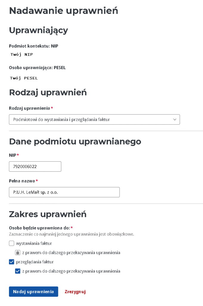 Nadawanie uprawnień dla Biura Rachunkowego LeMaR